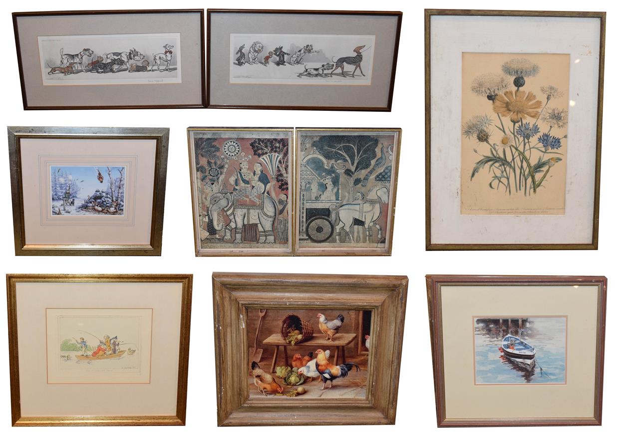 Lot 1084 - A mixed lot of etchings, prints and watercolours to include pictures of chickens, dogs, various...