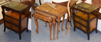 Lot 1108 - A pair of reproduction bedside tables with glazed tops 52cm by 35cm by 72cm, together with a set of