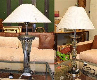 Lot 1112 - Two modern silvered metal and glass table lamps, one of lyre form