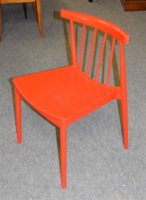 Lot 1157 - A set of six Spanish red stick back chairs bearing label Andreu World, together with a beech...