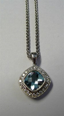 Lot 634 - An 18 Carat White Gold Aquamarine and Diamond Pendant on Chain, the cushion shaped rose cut...