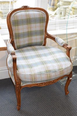 Lot 1167 - A reproduction French walnut fateuil with tartan upholstery, 58cm wide, 94cm high, 76cm deep