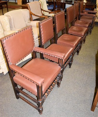 Lot 1245 - A set of six 17th century style studded leather chairs, turned front legs and stretchers, including