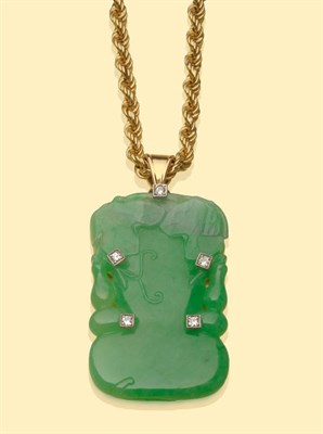 Lot 643 - A Jadeite and Diamond Pendant on a Rope Twist Chain, the jadeite with leaf carving and diamonds...