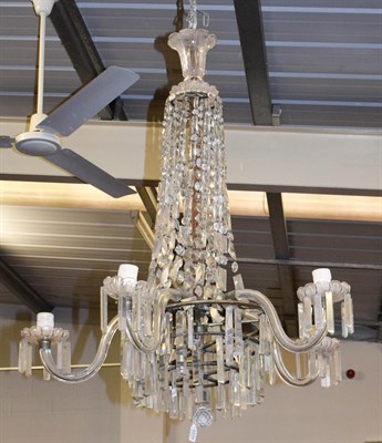 Lot 1276 - An early 20th century five branch glass lustre chandelier, drop approximately 100cm