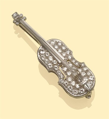 Lot 648 - A Diamond Set Violin Brooch, the body set throughout with round brilliant cut diamonds, a...