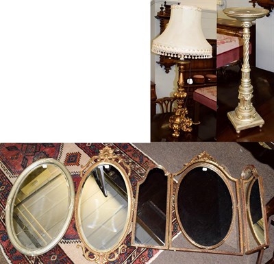 Lot 1323 - A 19th century footstool, painted torchere, gilt composition tablelamp, tryptic mirror and two...