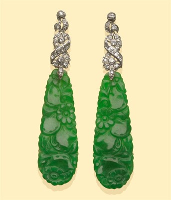 Lot 652 - A Pair of Jade and Diamond Drop Earrings, circa 1930, each comprises a floral panel set with...