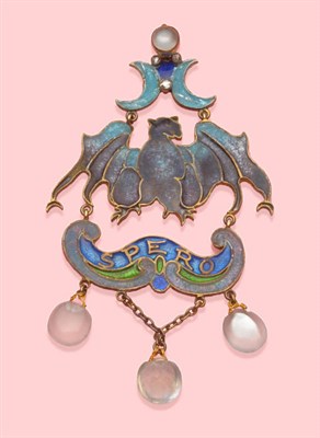 Lot 684 - An Arts and Crafts Enamelled Pendant, possibly by James Cromar Watt, a bat design, surmounted...