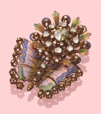 Lot 687 - An Enamel and Diamond Butterfly Brooch, circular spray enamelled panels alternate with rose cut...