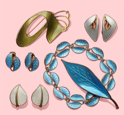 Lot 692 - A Collection of Norwegian Enamelled Jewellery, a suite of twin leaf bracelet and earrings and a...