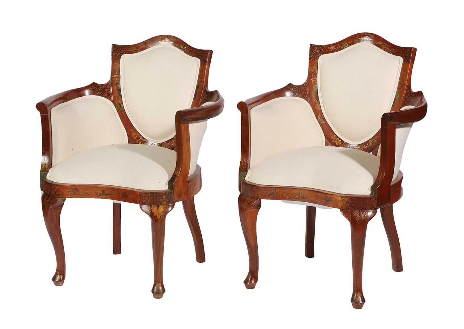 Lot 689 - A Pair of Early 20th Century Chinoiserie and Parcel Gilt Decorated Armchairs, recovered in...