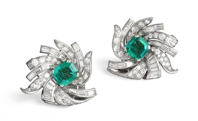 Lot 2115 - A Pair of Art Deco Emerald and Diamond Cluster Earrings, the emerald-cut emeralds within a...
