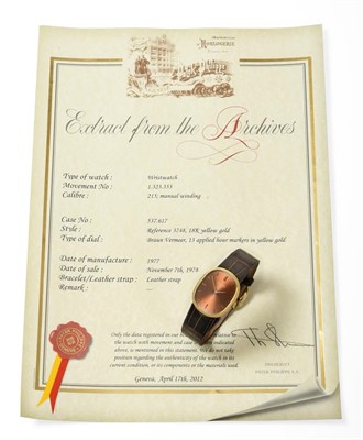 Lot 2177 - An 18 Carat Gold Wristwatch, signed Patek Philippe, Geneve, model: Ellipse, ref: 3748, 1977,...