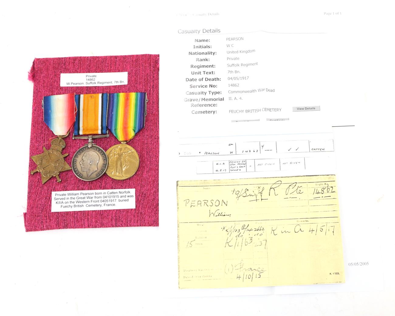 Lot 17 - A First World War Casualty Trio, comprising 1914-15 Star, British War Medal and Victory Medal,...