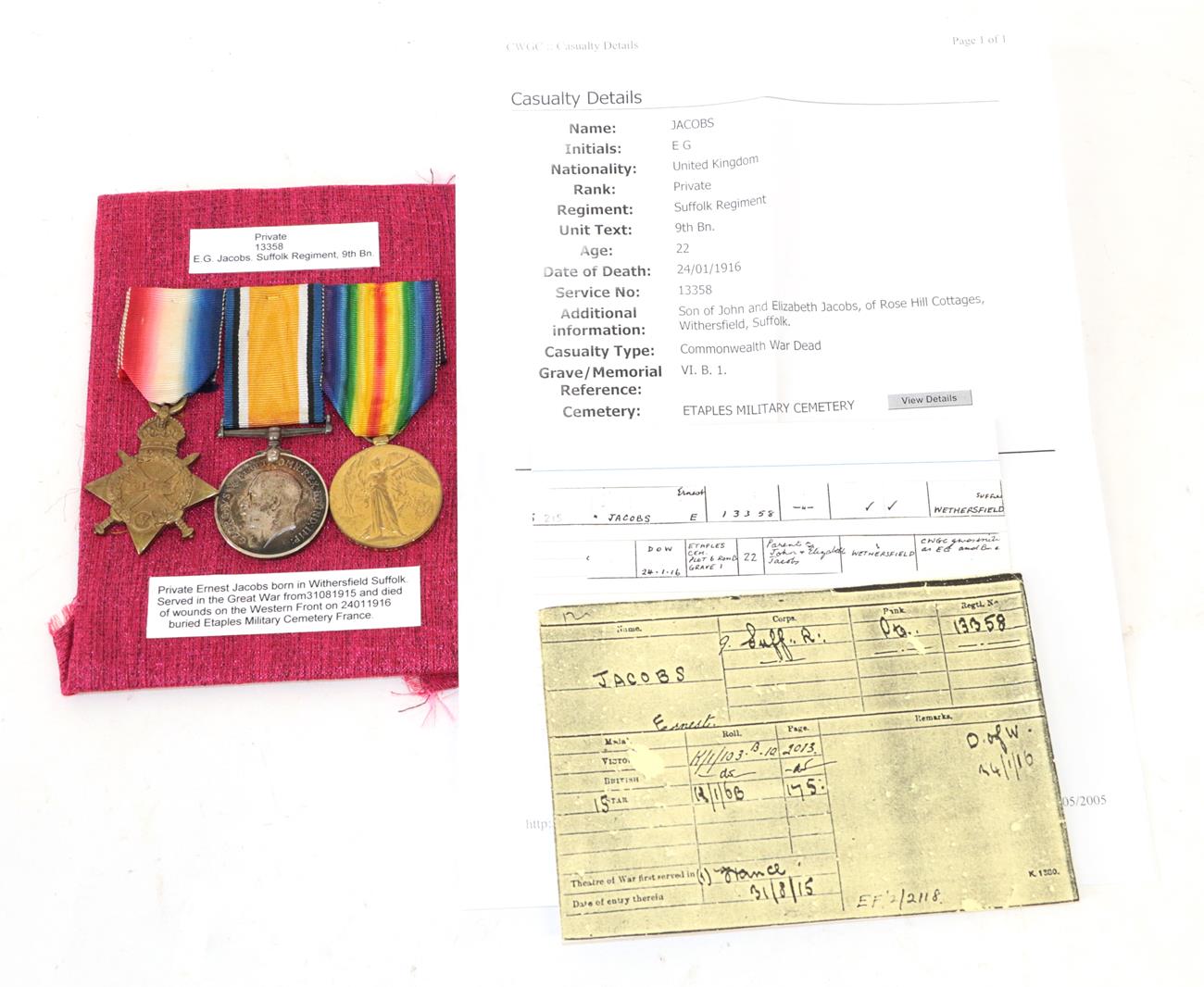 Lot 18 - A First World War Casualty Trio, comprising 1914-15 Star, British War Medal and Victory Medal,...
