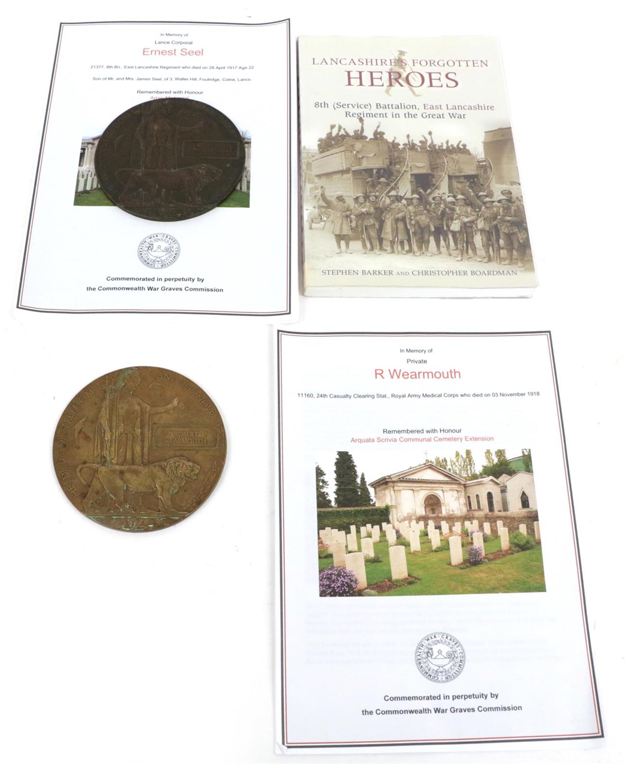Lot 23 - Two First World War Memorial Plaques, to:- ERNEST SEEL, with photocopied research material and...