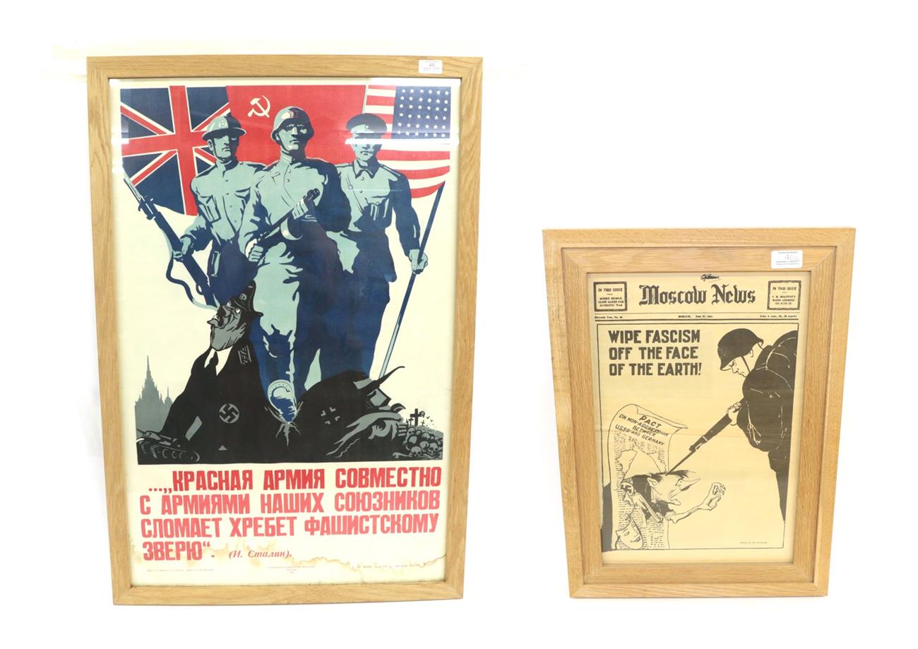 Lot 40 - A Second World War Russian Propaganda Poster, the upper section with the allies of Britain,...