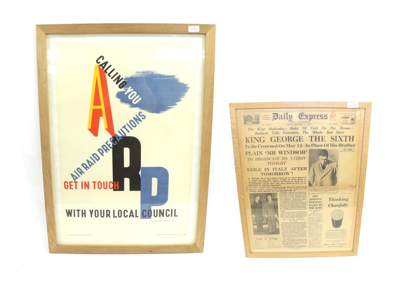 Lot 42 - A Second World War Air Raid Precaution Recruitment Poster,  ''ARP Calling You - Air Raid...