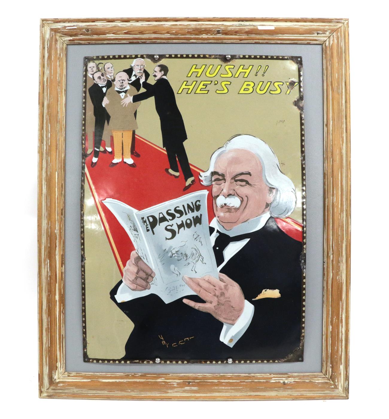 Lot 44 - An Early 20th Century Enamel Advertising Sign 'The Passing Show', depicting Lloyd George seated...