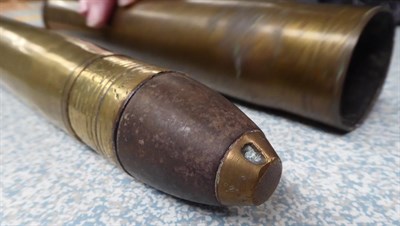Lot 52 - Inert Ammunition, comprising two brass shell cases, one with fuse head, an iron mortar shell...