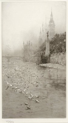 Lot 710 - William Lionel Wyllie RA, RBA, RI, RE, NEAC (1851-1931) "RAF Monument, Westminster on The...