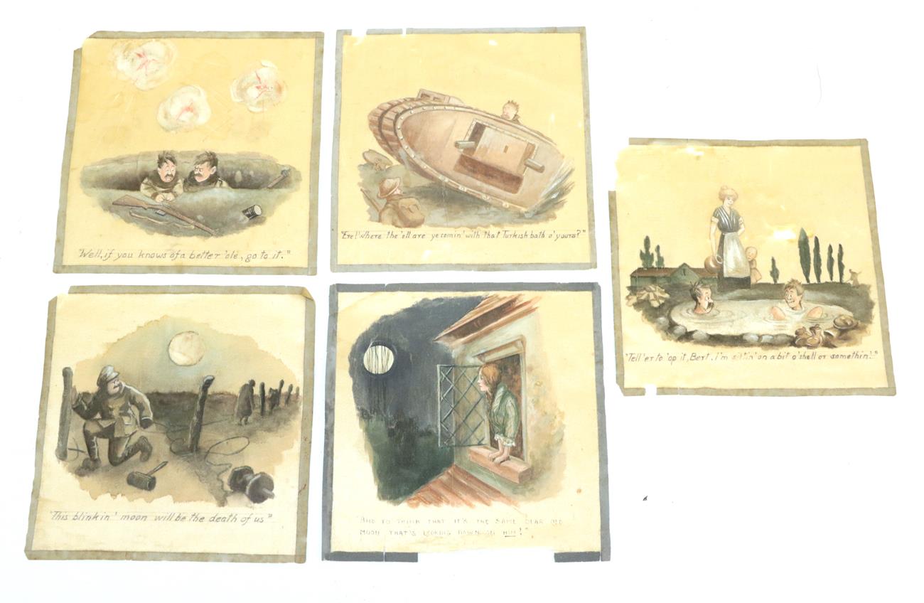 Lot 53 - A Set of Five Bruce Bairnsfather Silk Pictures, of square form, each painted with a differing...