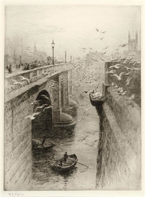 Lot 711 - William Lionel Wyllie RA, RBA, RI, RE, NEAC (1851-1931) "London Bridge looking towards...