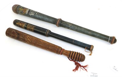 Lot 82 - Three William IV Painted Walnut Truncheons, one with button topped domed pommel, the blue field...