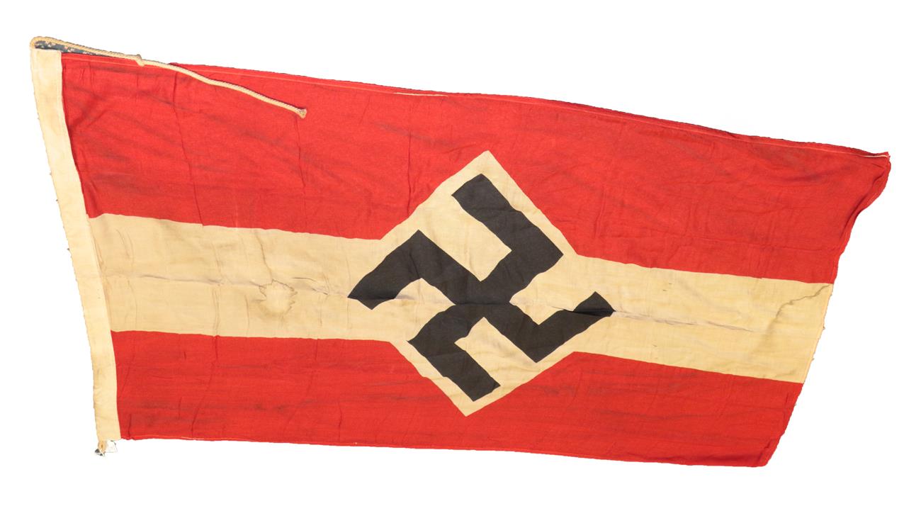 Lot 91 - A German Third Reich Hitler Youth Gruppe Flag, in cotton printed with a black mobile swastika...