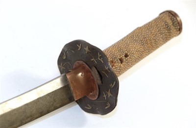 Lot 109 - A Japanese Shinto Wakizashi, the 50cm blade with almost horizontal hamon, the tang signed Nio...