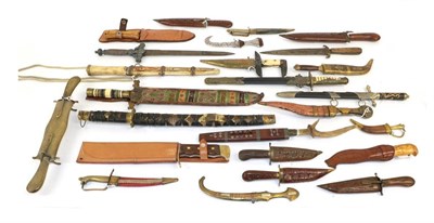 Lot 123 - Three Hunting Knives, each with wood grip and leather scabbard; a Quantity of Knives and...