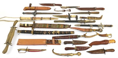 Lot 123 - Three Hunting Knives, each with wood grip and leather scabbard; a Quantity of Knives and...