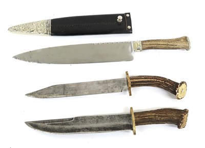 Lot 140 - A Large Bowie Type Knife, with broad 30cm scallop back steel blade, the antler grip with German...