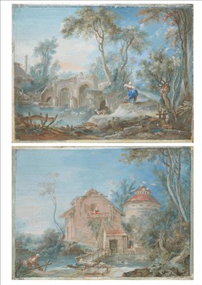 Lot 722 - Continental School (18th century) Figures beside buildings with swans on a river; River...