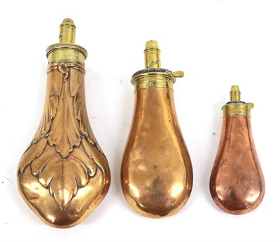Lot 204 - A 19th Century Copper Powder Flask, of plain form, the brass charger with internal steel spring and