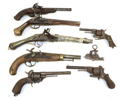 Lot 223 - Three 19th Century Continental Pinfire Six Shot Revolvers, in poor, non-working order; a...