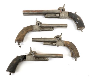 Lot 226 - Four 19th Century Continental Side by Side Double Barrel Pinfire Pistols, two with octagonal...