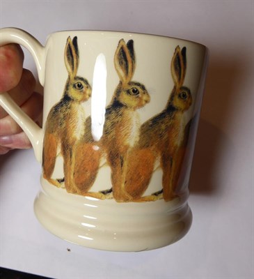 Lot 5 - Two trays of glass and ceramics, including three Emma Bridgewater mugs decorated with Hares,...