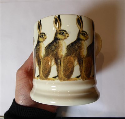 Lot 5 - Two trays of glass and ceramics, including three Emma Bridgewater mugs decorated with Hares,...
