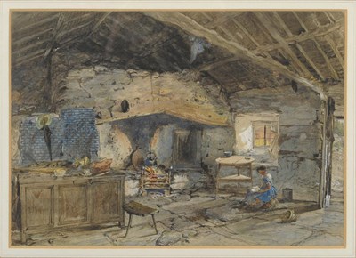 Lot 732 - Joseph Nash OWS (1809-1878) Cottage interior with a girl seated beside a doorway Signed,...