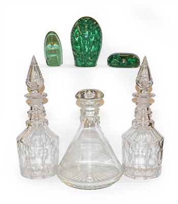 Lot 12 - Three Victorian Sunderland dump paperweights, a pair of 20th century mallet form decanters and...