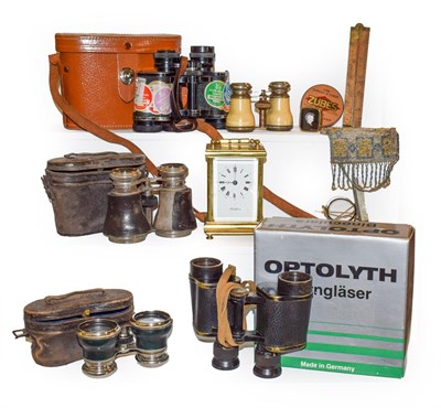 Lot 14 - A tray of assorted including brass carriage timepiece, opera glasses, Kershaw military...