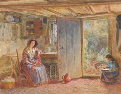 Lot 734 - William Henry Hunt OWS (1790-1864) Cottage interior with a mother and child Signed, inscribed...