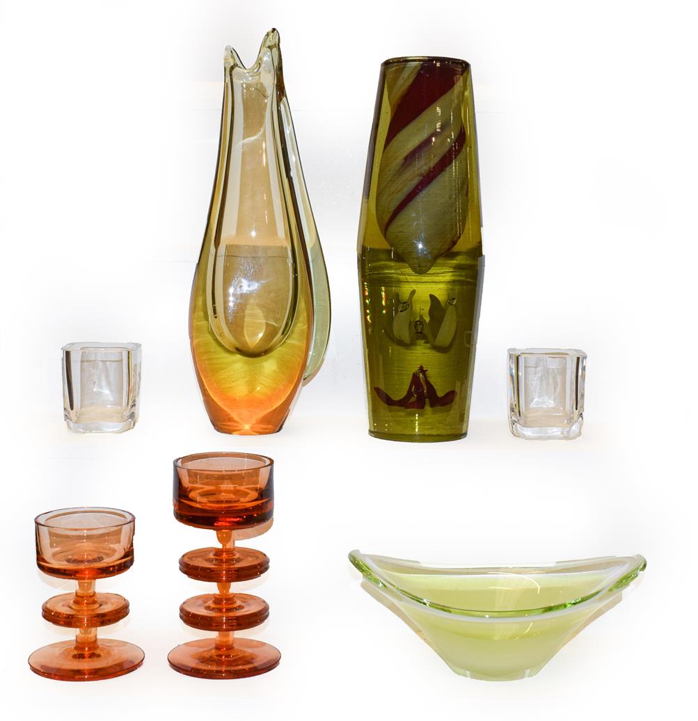 Lot 34 - A tray of modern art glass including two tall vases one in the form of a fish, 29cm high, two...