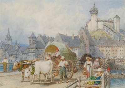 Lot 735 - Myles Birket Foster RWS (1825-1899) "Continental Town with Ox-Cart and Figures" Signed with the...