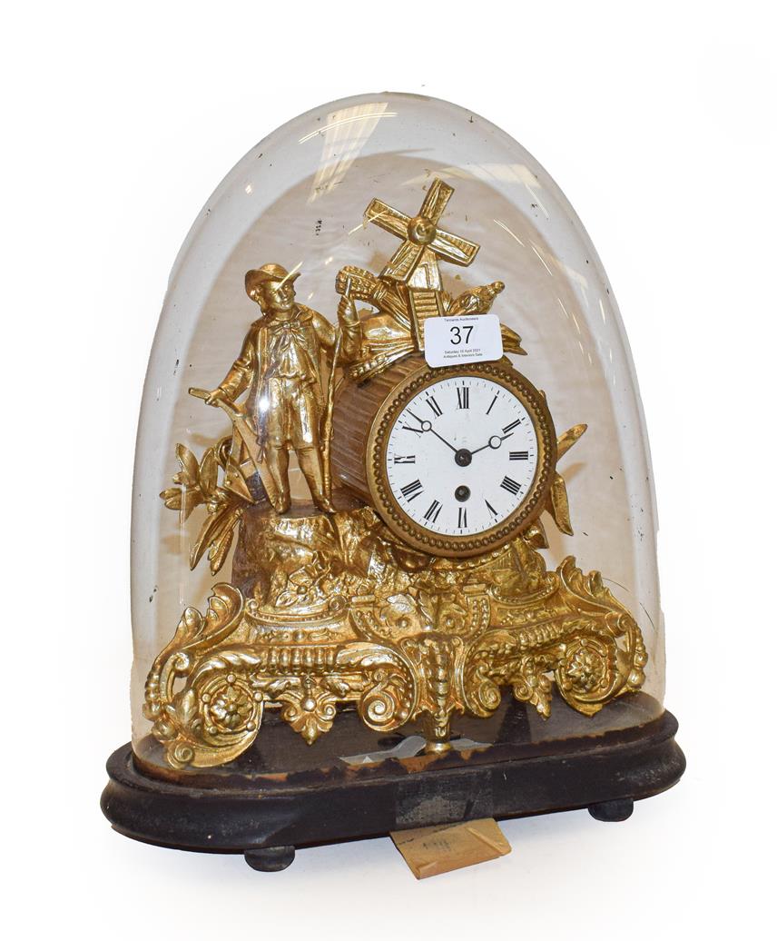 Lot 37 - A 19th century French gilt metal cased timepiece under glass dome 35cm high, including dome