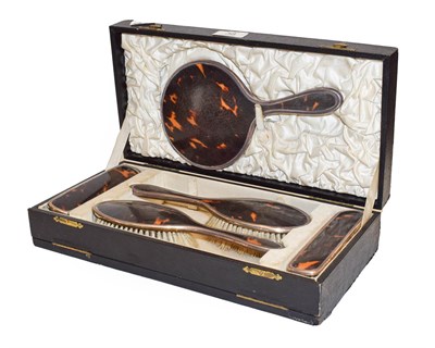 Lot 38 - A cased five-piece silver and tortoiseshell mounted brush set