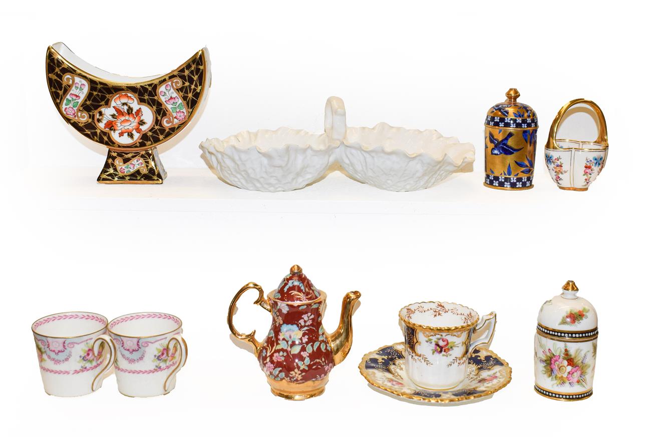 Lot 40 - A tray of Coalport porcelain etc, including a miniature lobed basket, jeweled pot and cover...