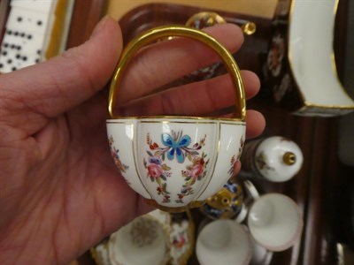 Lot 40 - A tray of Coalport porcelain etc, including a miniature lobed basket, jeweled pot and cover...